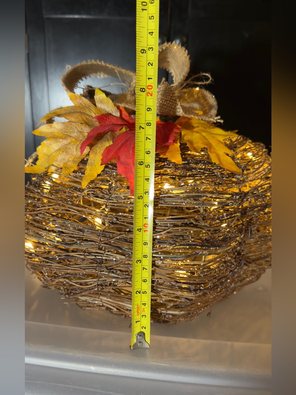 Handwoven Grapevine Pumpkin with Burlap Bow and Fall Leaves Light up - Picture 6 of 7
